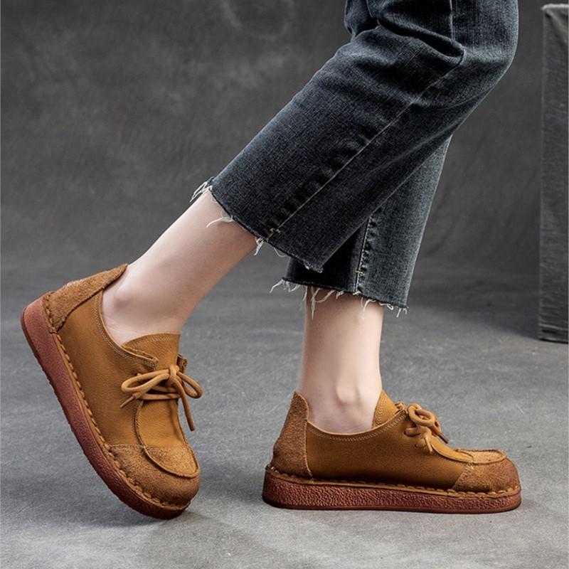 Johnature Chaussures à lacets rétro en cuir véritable polyvalentes, couleurs mélangées, semelle souple, chaussures confortables pour femmes