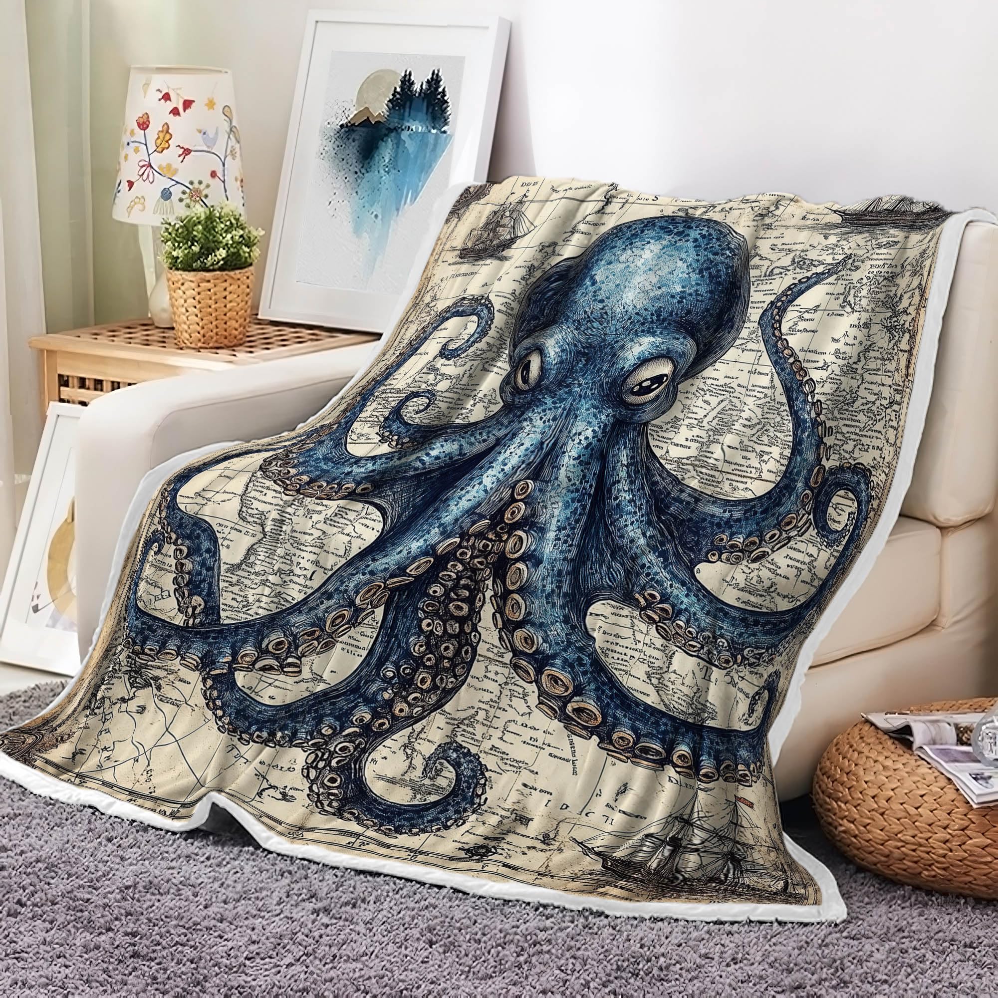 Octopus Fleece Flannel Blanket Coastal Sealife Throw Blanket for Boys Girls Ocean Octopus Blanket for Couch Bed Sofa Home Decor 75x90cm