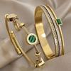 Retro Charm Stainless Steel Green Rhinestone Stone Cuff Bracelets Set for Women Trendy Fashion Cuff Bracelets Daily Party Gift