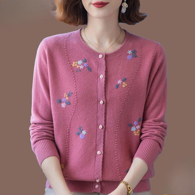 Autumn Winter Women's Wool Cardigan Round Neck Embroidered Knitted Jacket Cardigan Top