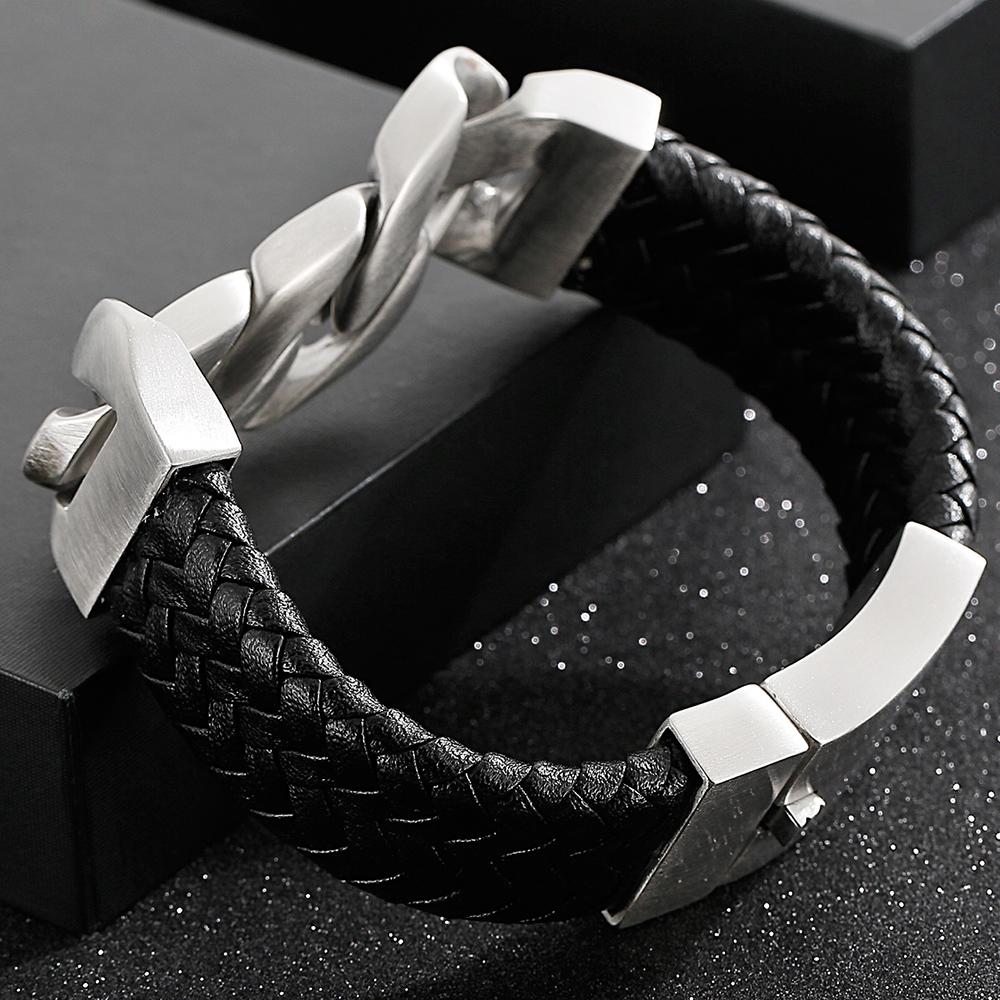 24MM Wide Cuban Chain Bracelet for Men Matte Brushed Stainless Steel With Braided Leather Men's Bracelets Bold Hip Hop Jewelry