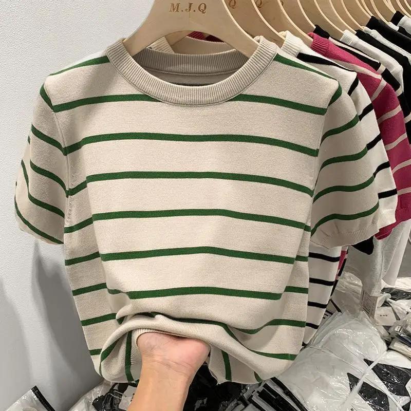 Summer Casual Striped Knit T-Shirt Women's Slim Fit Crew Neck Short Sleeve Top