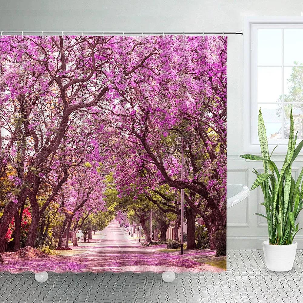 Autumn Forest Landscape Shower Curtain Maple Trees Road Plants Fallen Leaves Rural Scenery Wall Hanging Bathroom Decor Curtain