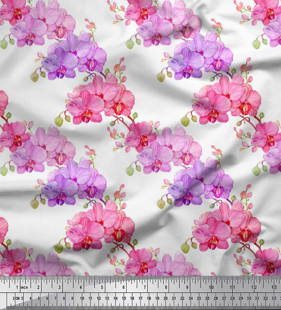 

Soimoi Purple Japan Crepe Satin Leaf Floral Print Швейна тканина метр 42 дюйма 42 Inch Wide - Poly Crepe білий