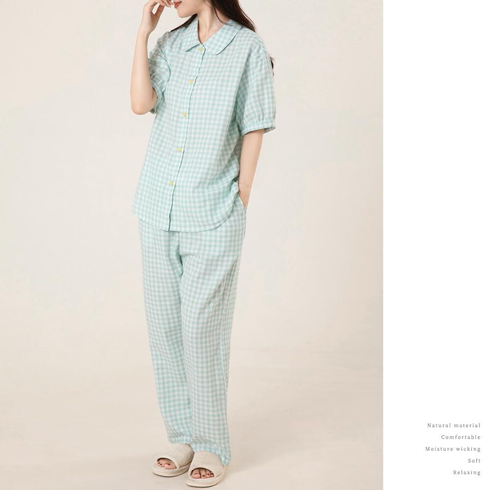 Yes Family Double Gauze Pajama Short Check Size Green Check Women's Set, 100% Cotton, Sleeves, Pattern, L,