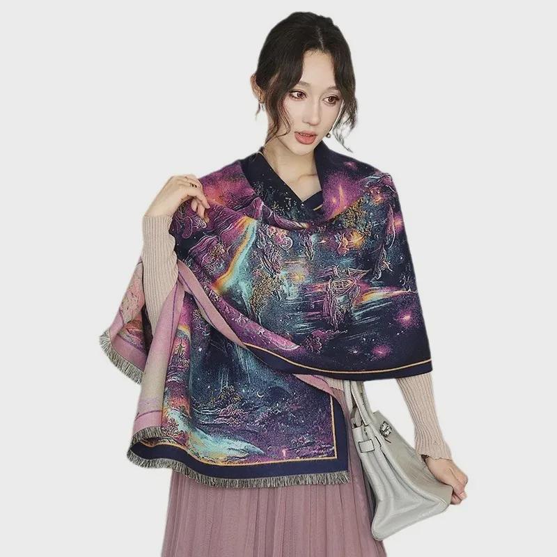 Peony Jacquard Chinese-Style Double-Sided Shawl Scarf – Warm & Versatile for Women In Autumn and Winter.