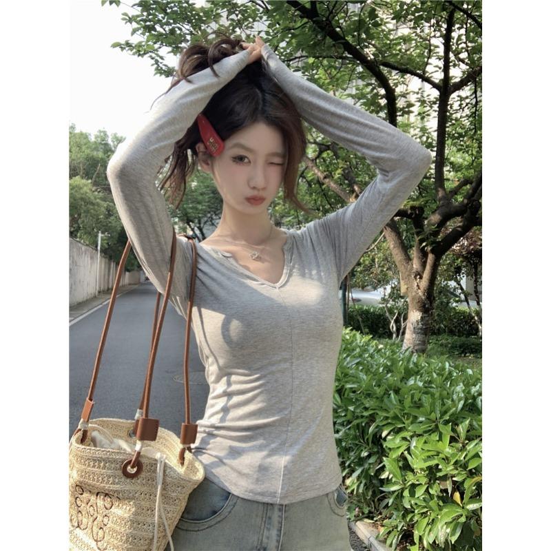 

Grey collar design long-sleeved top, spring Spice Girl niche slim-fitting and thin inside, pure desire bottoming shirt XL серый