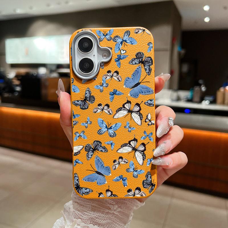 Leather Soft TPU Case For iPhone 16 16e 15 Pro Max 14 13 12 11 Small Butterfly Printed Shockproof Soft Silicone Phone Cover