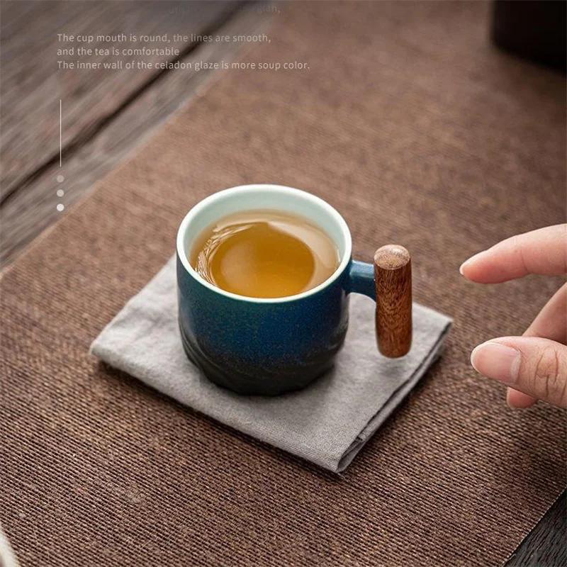 Retro Ceramics Coffee Cup Filter Tea Mug Solid Color Gradient Glaze Wooden Handle Handmade Coffee Cup Tea Cup For Office Gfit