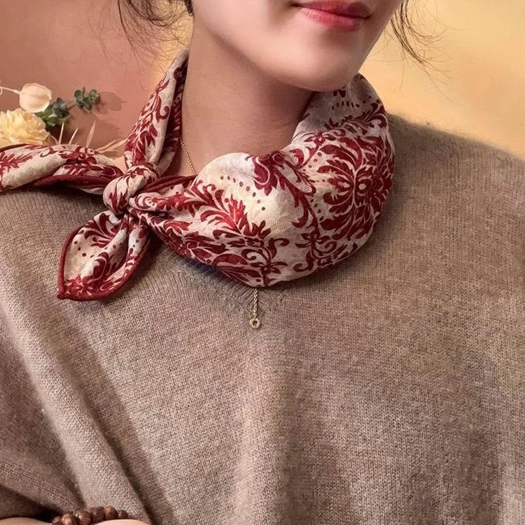 Silk Wool Square Scarf Scarf Shawl Classical Art Red Versatile Silk Wool Scarf Women's Spring and Autumn Warm Silk Scarf