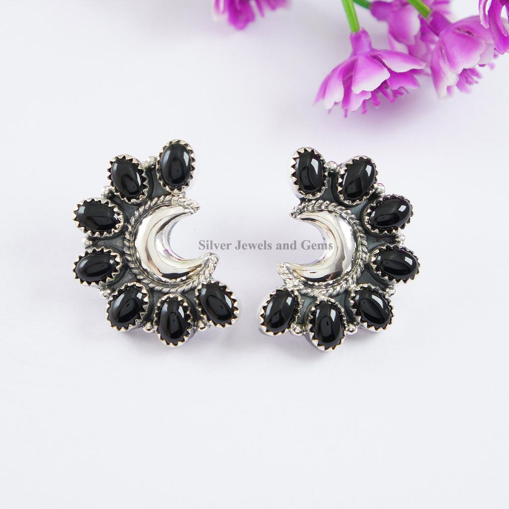 Turquoise Crescent Moon Stud Earrings: 925 Sterling Silver Bohemian Jewelry