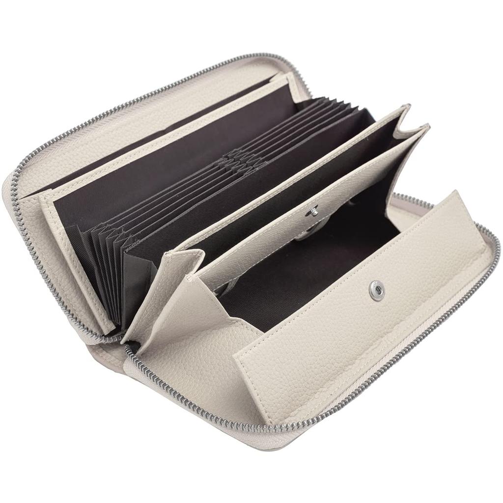 Large Capacity Accordion Long Wallet Genuine Leather Garçon Style Automatically Sorts Receipts and Coins Multi-Function Wallet Coin-Through (Ivory)