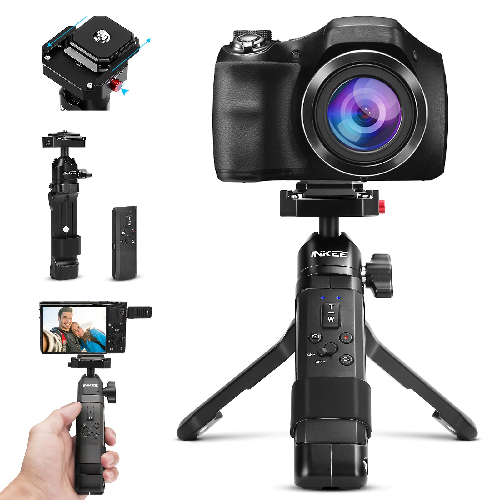 

INKEE IRONBEE Shooting Grip with Wireless Remote Mini Camera Tripod with Zoom Control and Quick Flexible Tabletop Tripod for Video Aluminum Compatible чёрный