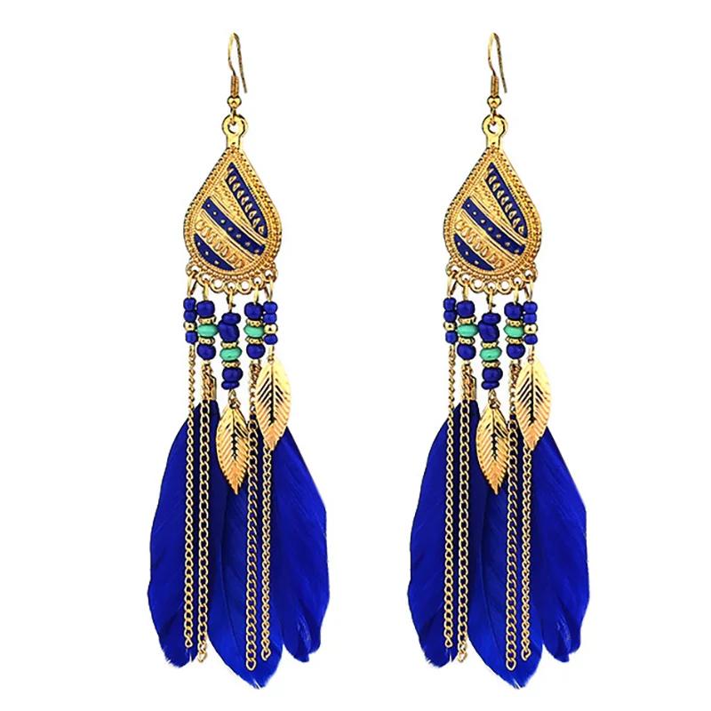 Bohemian Colorful Feather Tassel Earrings For Women Ethnic Beads Drop Statement Hanging Earrings Girls Fashion Jewelry Gift