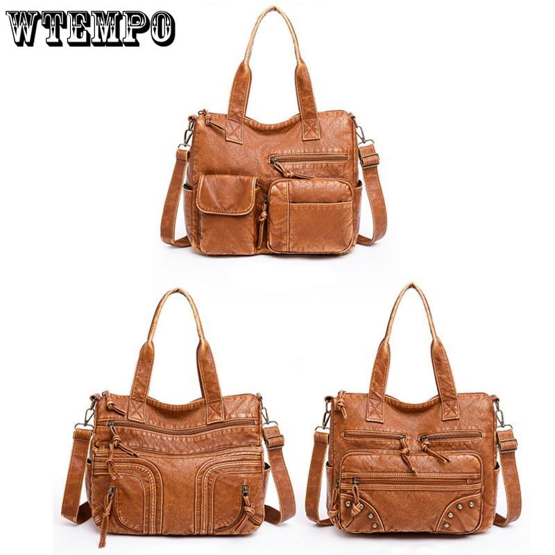WTEMPO Retro sepraná kožená kabelka Módní Velkokapacitní vícekapsová Tote Bag Women