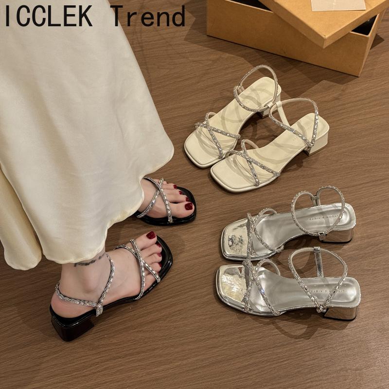 Women's Summer Crystal Narrow Band Women Sandals Concise Comfort Thick Heel Footwear for Ladies
