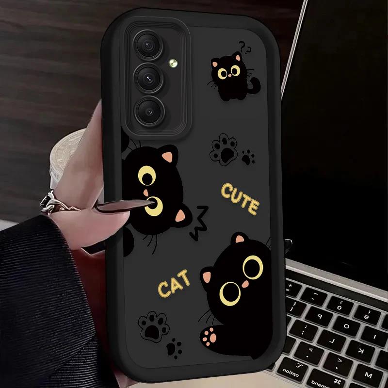 Lovely Black Cat Silicone Case For Samsung Galaxy S25 Ultra S24 S23 S22 Plus S21 FE S20 A55 A54 A15 A35 Shockproof Soft Cover