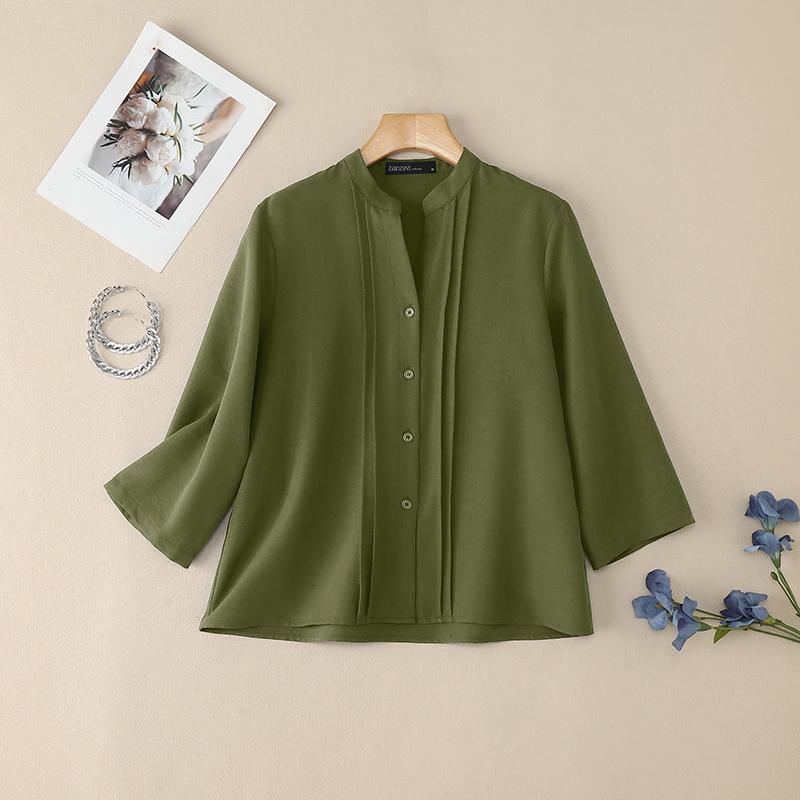 

ZANZEA Женская повседневная однотонная блузка с V-образным вырезом и рукавом 3/4 5XL зелёный