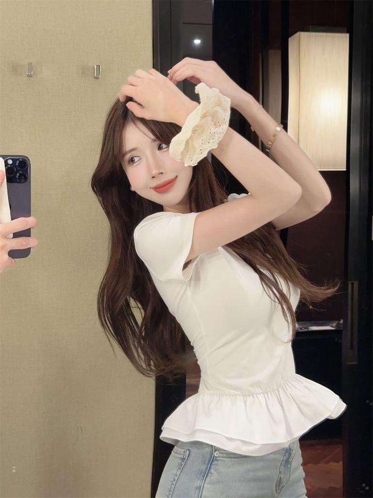 Sexy Women T-shirts Ruffles Wide Black White Fashion Lady Tees Design Tops For Girls