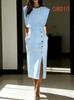 European Apricot Waist-Cinched Summer Dress, Women's Round Neck with Button Slit, 2026 Collection