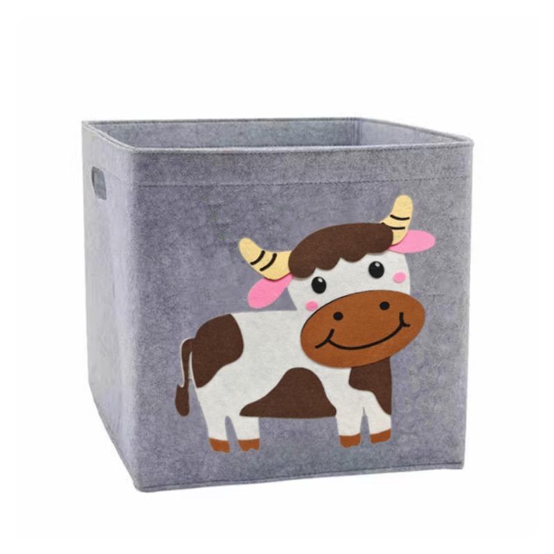 Gray Felt Fabric Storage Box with Cartoon Animals for Kids Rooms