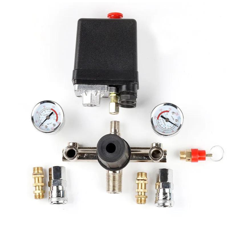 Air Compressor Pump Pressure Control Switch 4 Port 220V/380V Manifold Relief Regulator 30-120PSI Control Valve with Gauge