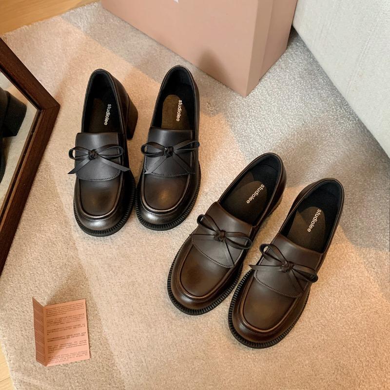 Cowhide Version ~ Yang Mi Bow Mid-thick Heel Single Shoes Women's Retro Brown Lazy Leather Shoes