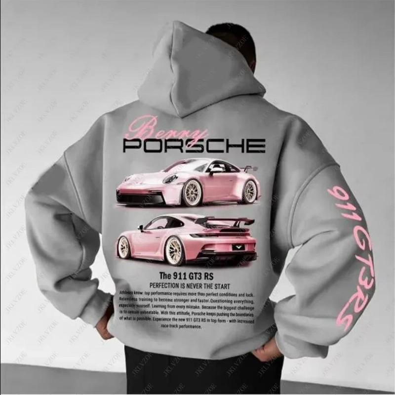 Oversized Unisex Streetwear Hoodie Pink Sports Car Print Loose Fit Long Sleeve Pullover Women Men
