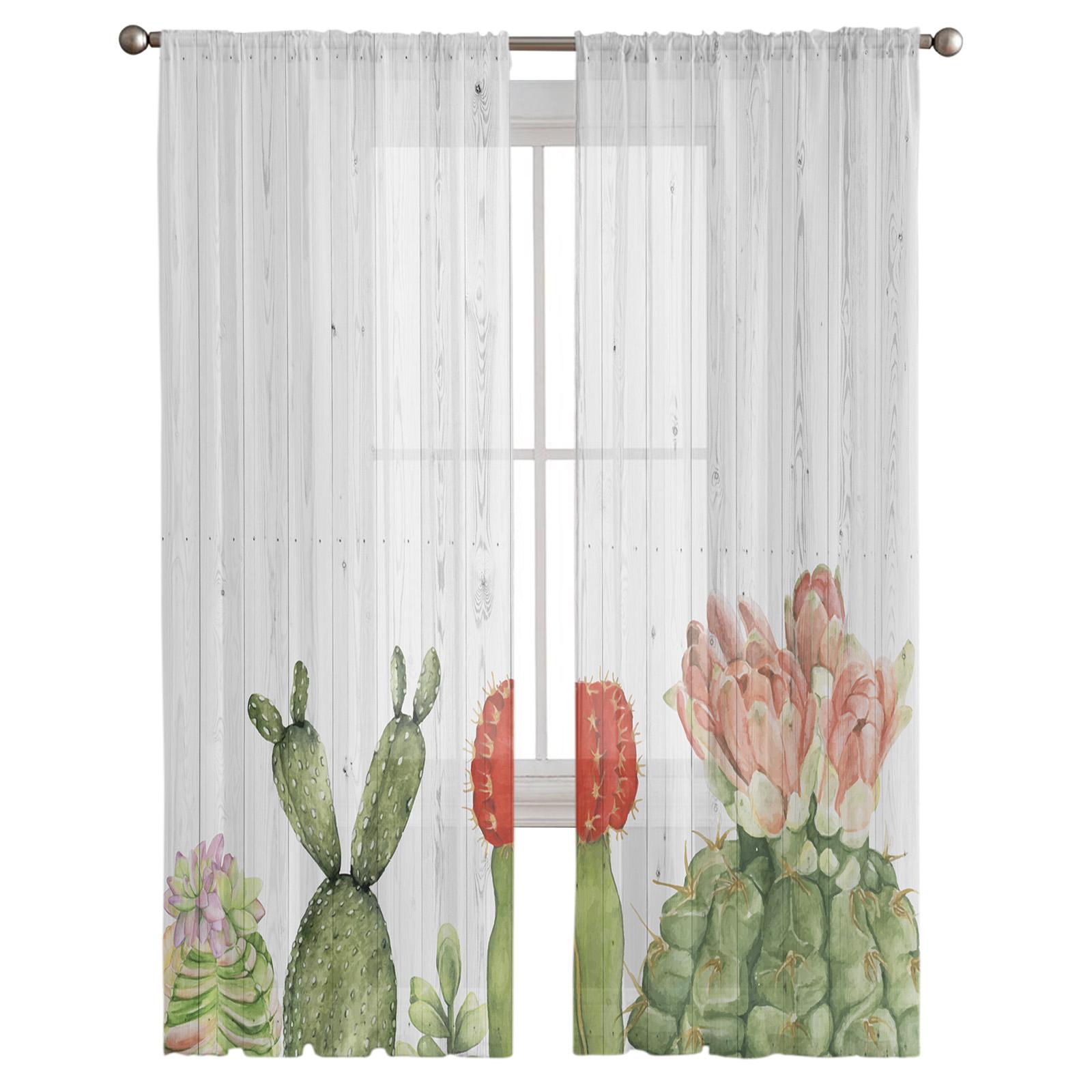 Молодежные прозрачные шторы для спальни с тропическим цветком кактуса — фото 3