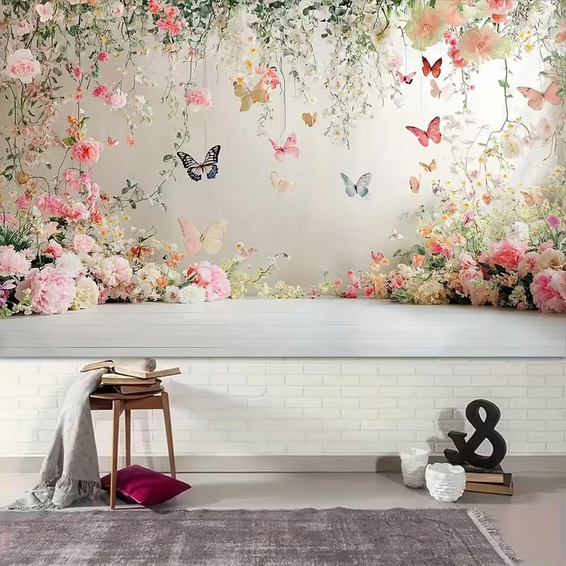 2D Pastel Floral Backdrop, Delicate Hanging Flowers and Colorful Butterflies