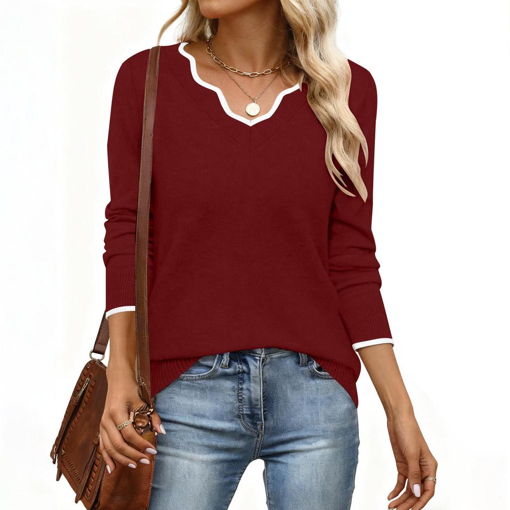 2025 A/W Women's Deep V-neck Color Block Knit Long Sleeve Pullover Sweater