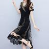 Summer V-neck Lace Dress Elegant Waist Tie Midi A-Line Dress Fashion Women Clothing