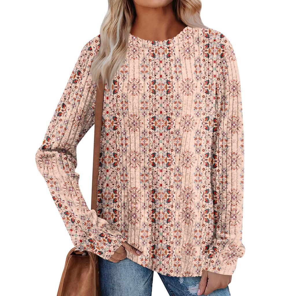Women's Winter Color-Block Printed Lightweight Brushed-Cotton Round Neck Top