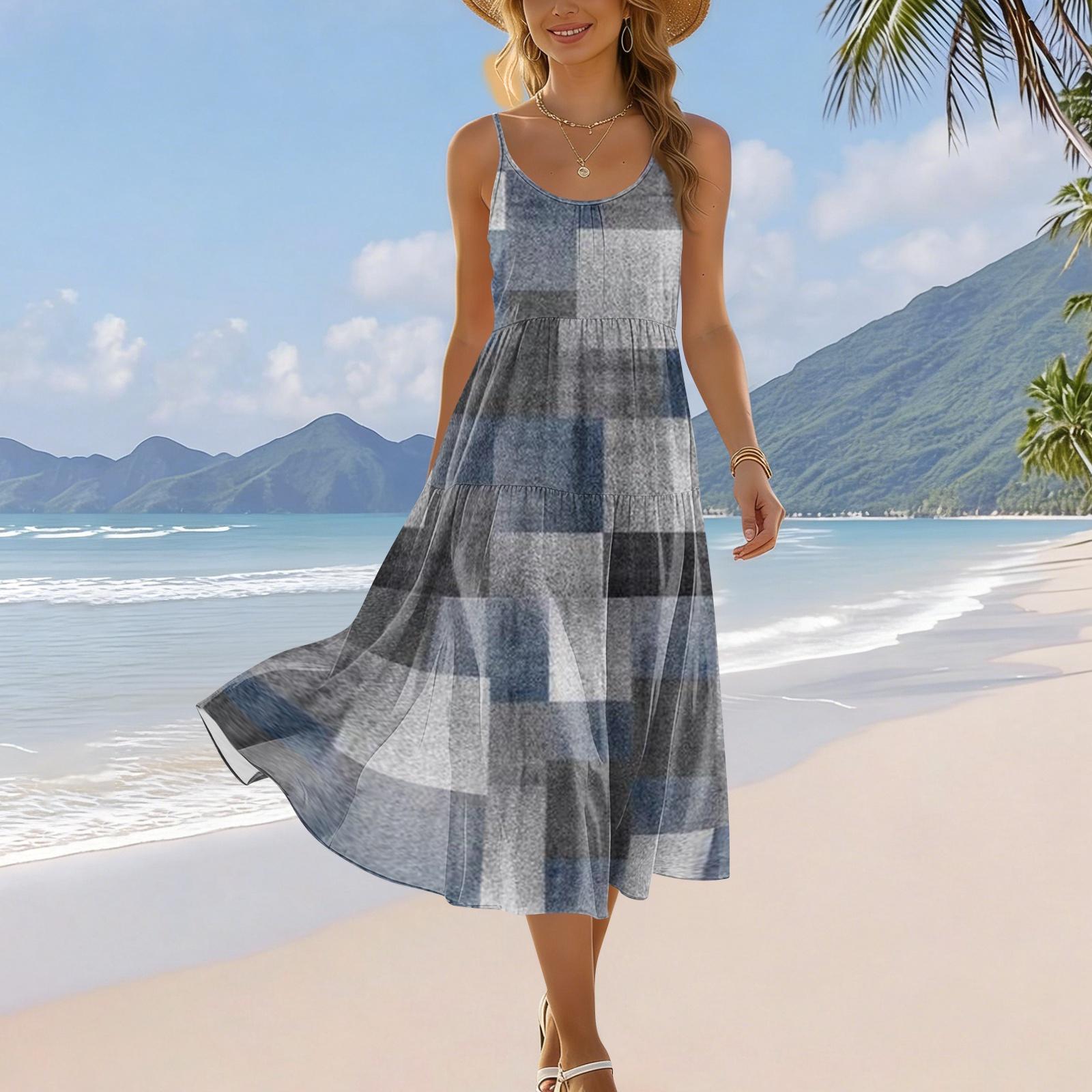 

Women’s Summer Sleeveless Bohemian Floral Print Casual Beach Holiday Dress with Adjustable Shoulder Straps and Pockets L тёмно-синий