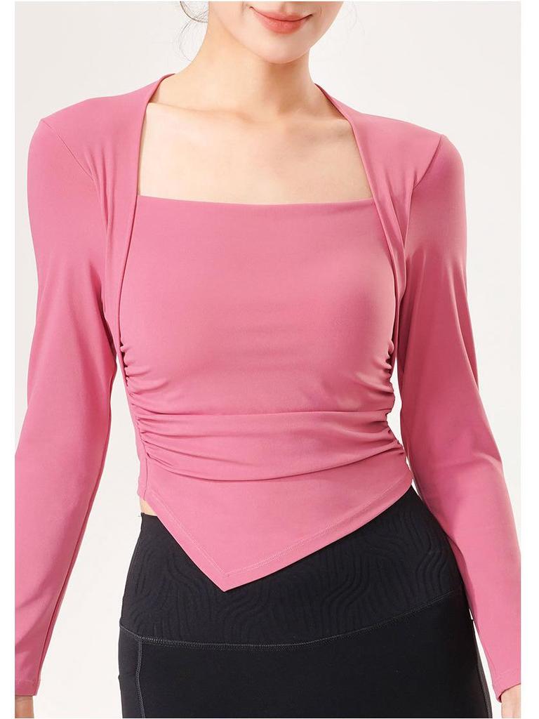 Women's Long-Sleeve Yoga Suit with Padded Waterdrop Cup and Ruched Slim-Fit Sports Top