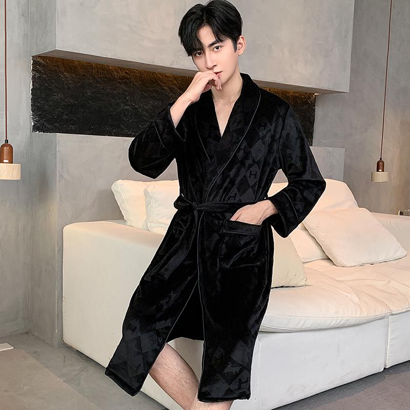 Men's Sea Island Velvet Fleece-Lined Bathrobe - Autumn/Winter Plus Size Homewear Pajamas