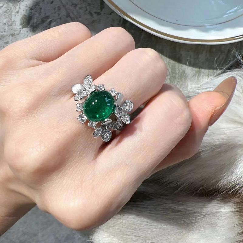 Elegant Versatile Oval Emerald Gem Open Band Ring - Light Luxury Niche Design Adjustable Open Design