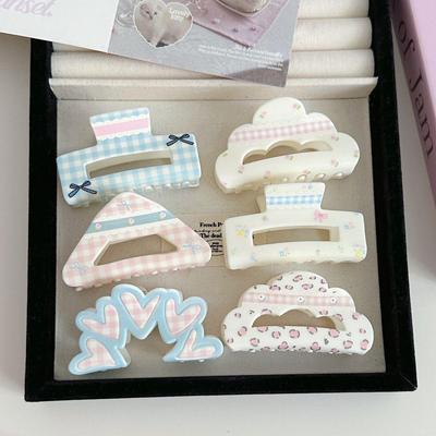 Cream Girl Floral Plaid Bow Acrylic Hair Clip