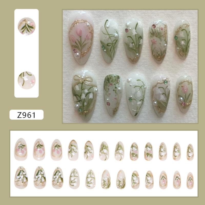 Medium Almond Press On Nail Set 24Pcs Flower Stick on Nail Floral Artificial Nail with Rhinestones and Pearls False Nail
