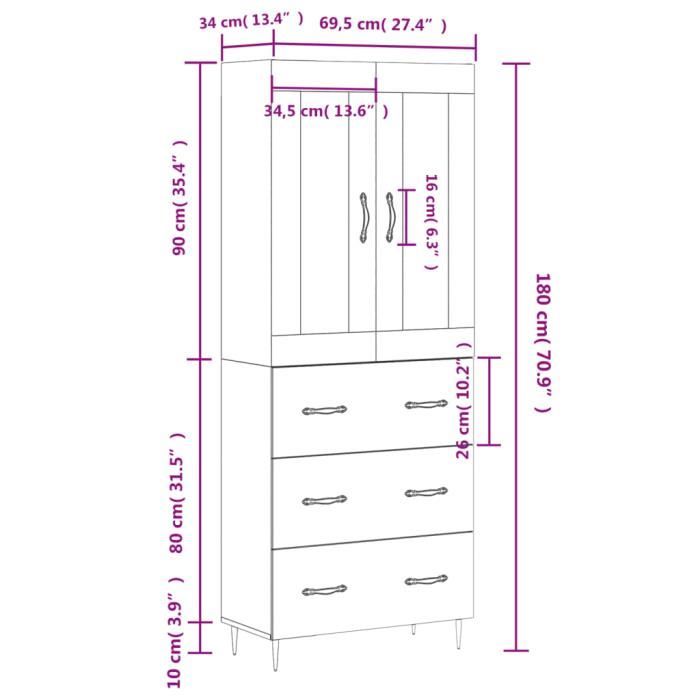 VidaXL Highboard Sonoma Grey 69.5x34x180 Cm Engineered Wood 3198391