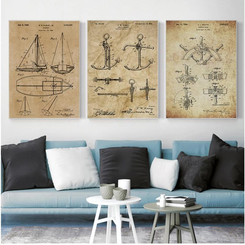 Sailboat Patent Print Vintage Poster Sailor Gifts , Yacht Anchor Ship Wheel Sailing Blueprint Nautical Wall Art Canvas Painting