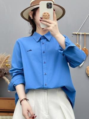 Women's Long Sleeve Embroidered Cotton Shirt - Candy Color, High Quality, Versatile Loose Fit Casual Top