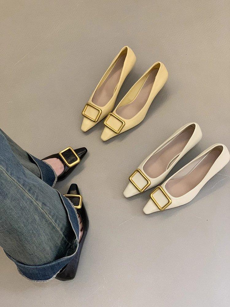 Korean Version of Pointed Thin Heel Low Heel Single Shoes Women's 2025 Spring New Pointed Metal Square Buckle Light Mouth Low Heel High Heels