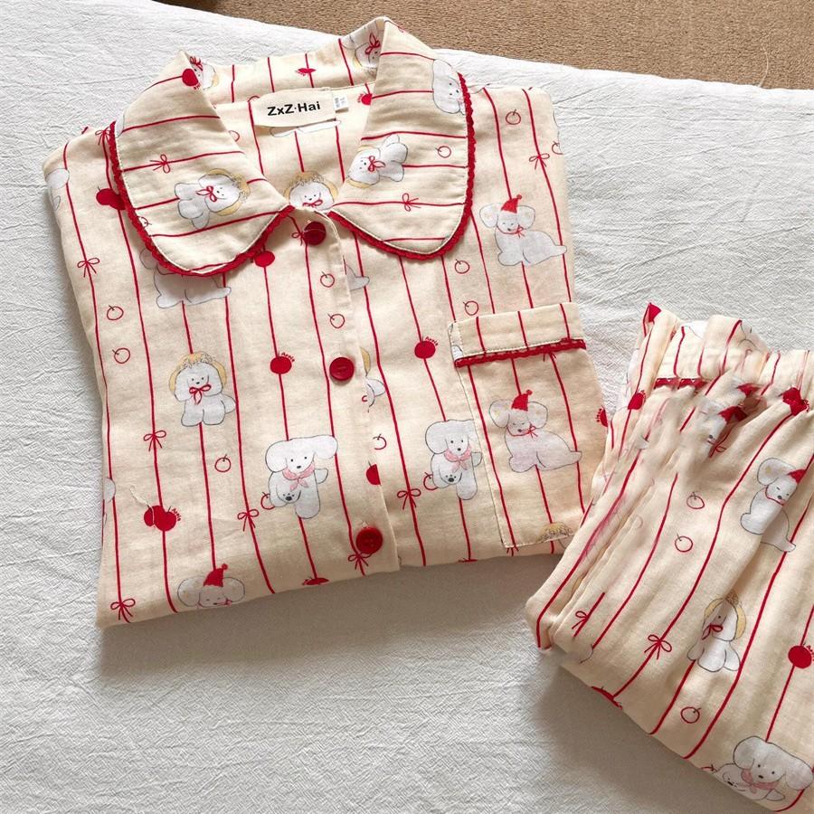 

Sweet red striped puppy pajamas women s summer short-sleeved shorts cardigan doll collar two-piece student loungewear S