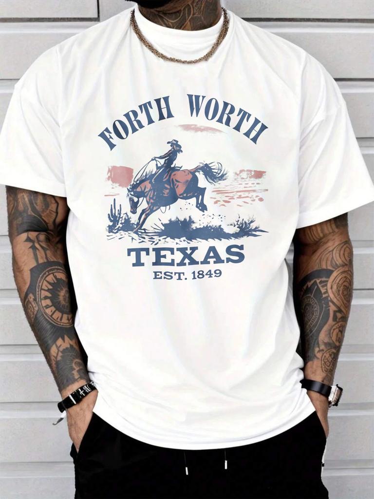 Vintage Western Fort Worth Texas Cowboy Print Unisexs 100 Cotton Tshirt Casual Oneck Short Sleeve Tops Streetwear Tees