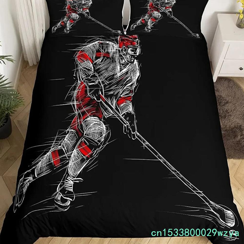 Ice Hockey Duvet Cover Set Full Queen Size Geometric Check Patchwork Stylish Bedding Set Athlete Winter Sports Comforter Covers