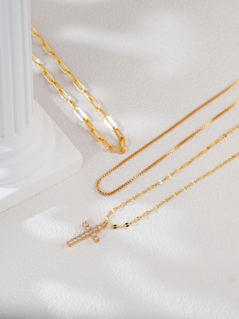 Minimalism Plated Layered Cross Necklace Set Cubic Zirconia Pendant Paperclip Chain Dainty Stackable Choker Fashion Jewelry