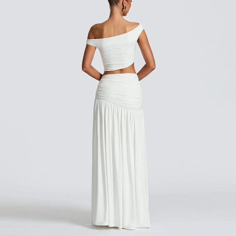 2025 Stylish European & American Women's One-Shoulder Crop Top and Slim-Fit Side Split Skirt Set