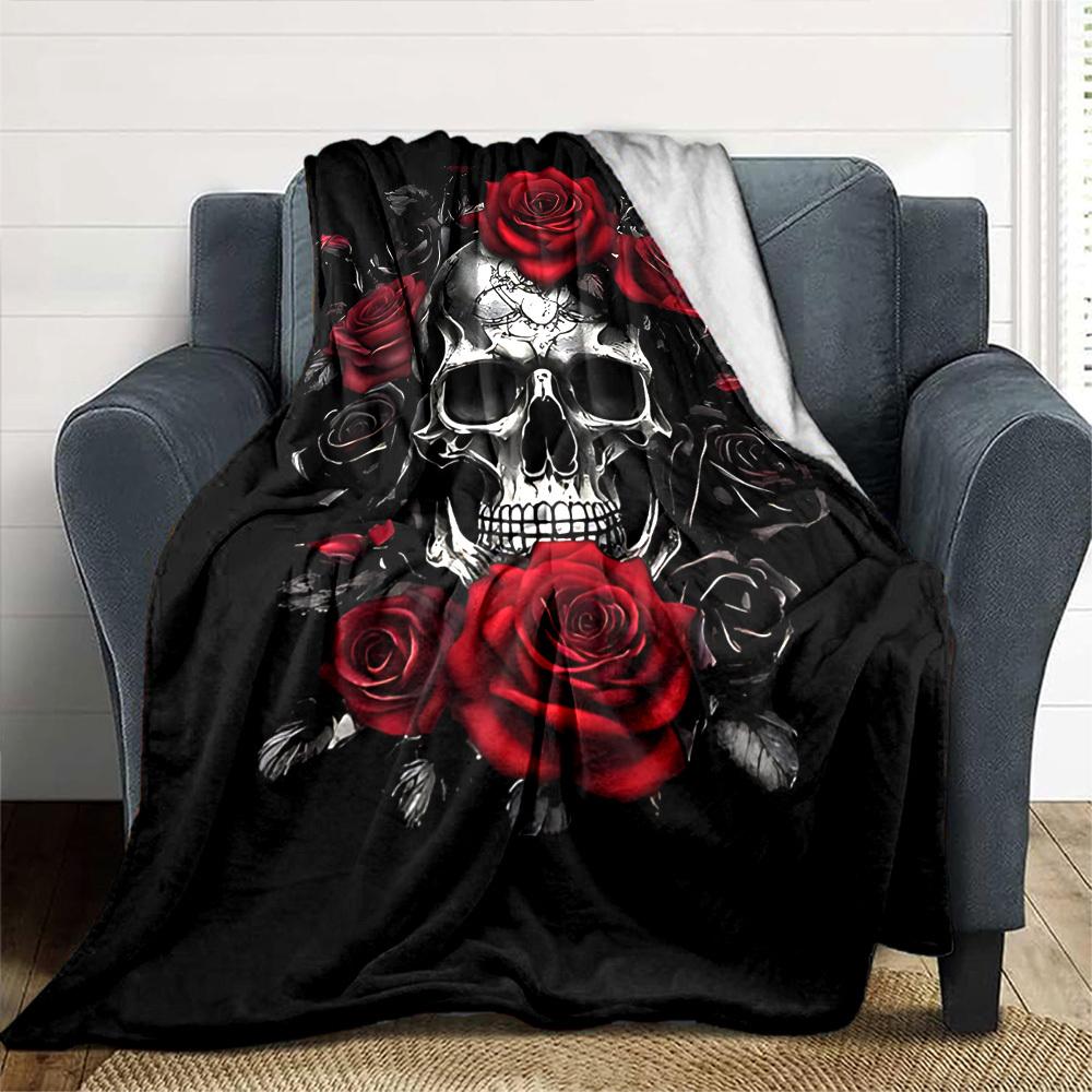 1pc Skull Roses Blanket Lightweight Flannel Throw for Sofa Bed Travel Camping Livingroom Office Couch Chair