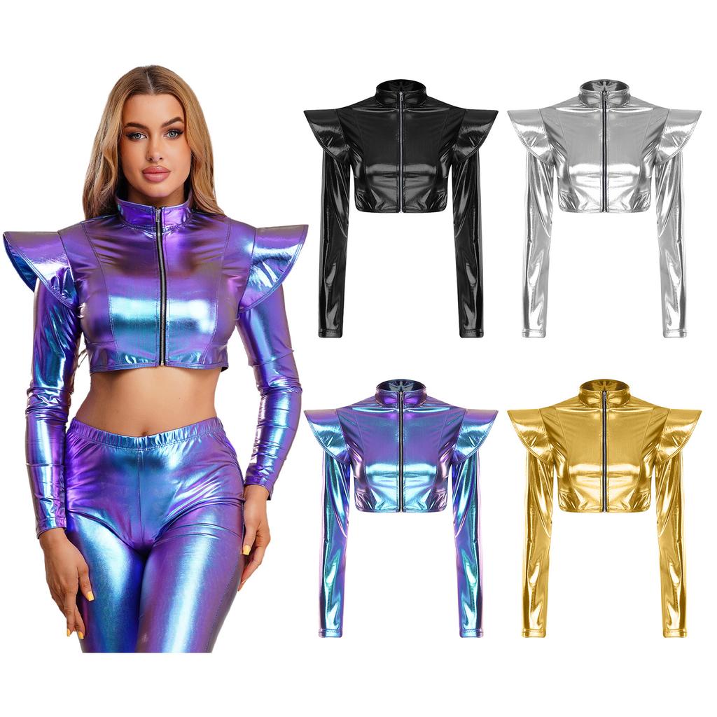 Ladies Rainbow Shiny Metallic Cropped Jacket Stand Collar Long Sleeve Front Zipper Shoulder Epaulets for Rave Club Night Out